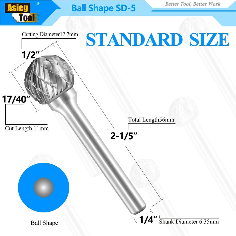 Asieg Tool SD-5 Tungsten Carbide Burr Rotary File Ball Shape Double Cut with 1/4''Shank for Die Grinder Drill Bit - Image 2
